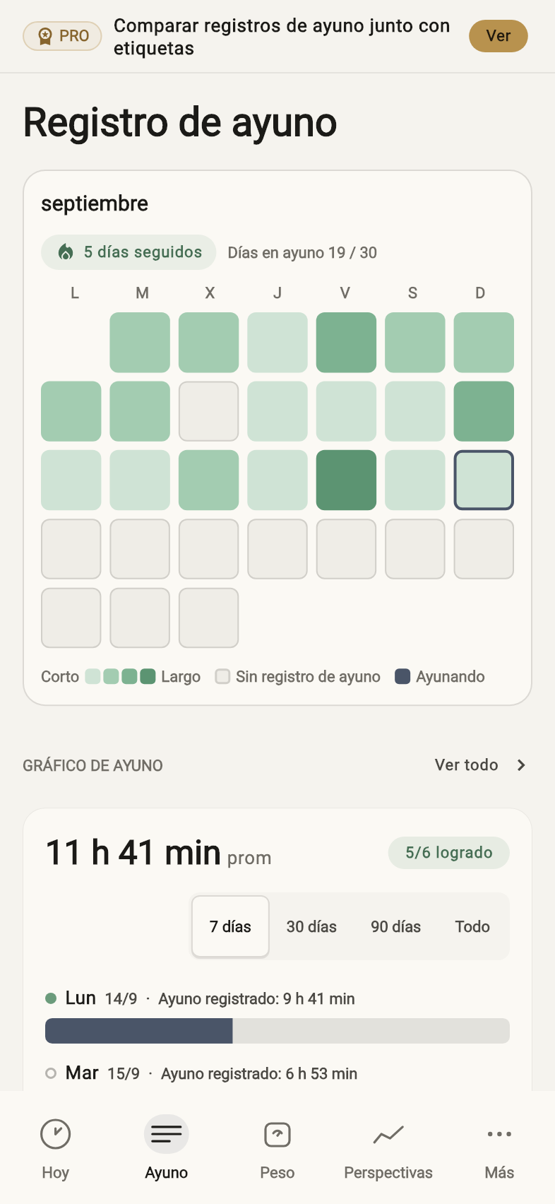 Historial y calendario — Registros de ejemplo