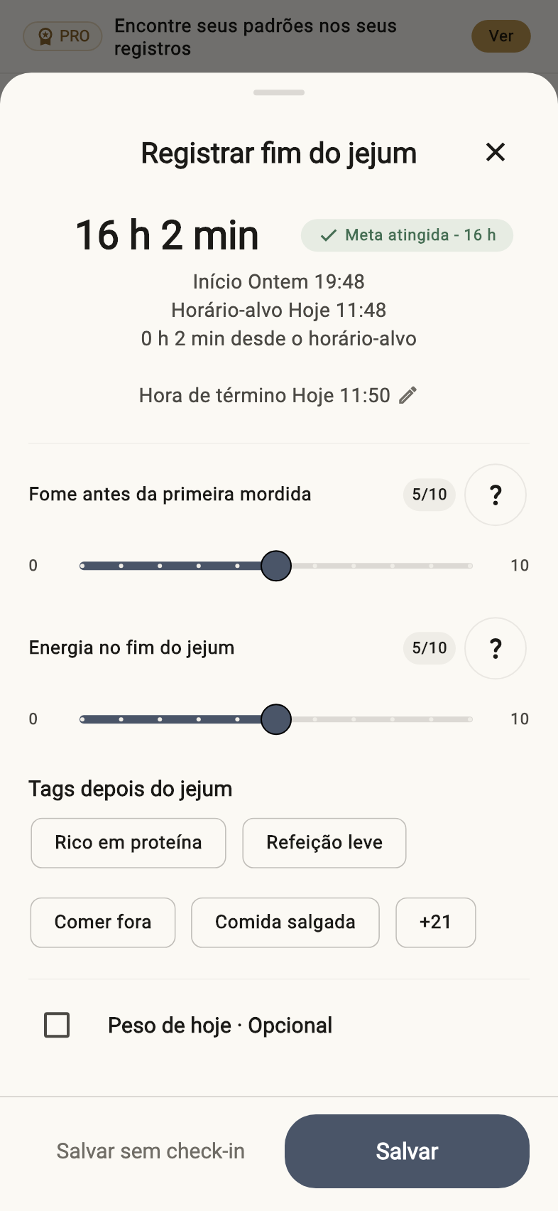 Check-in ao encerrar — Registros de exemplo