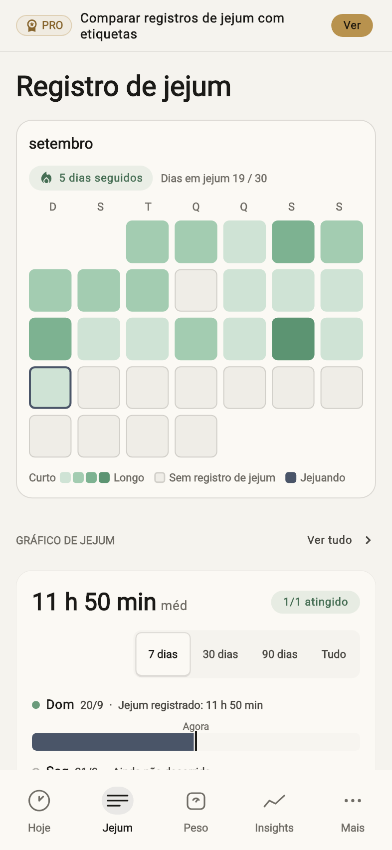 Histórico e calendário — Registros de exemplo
